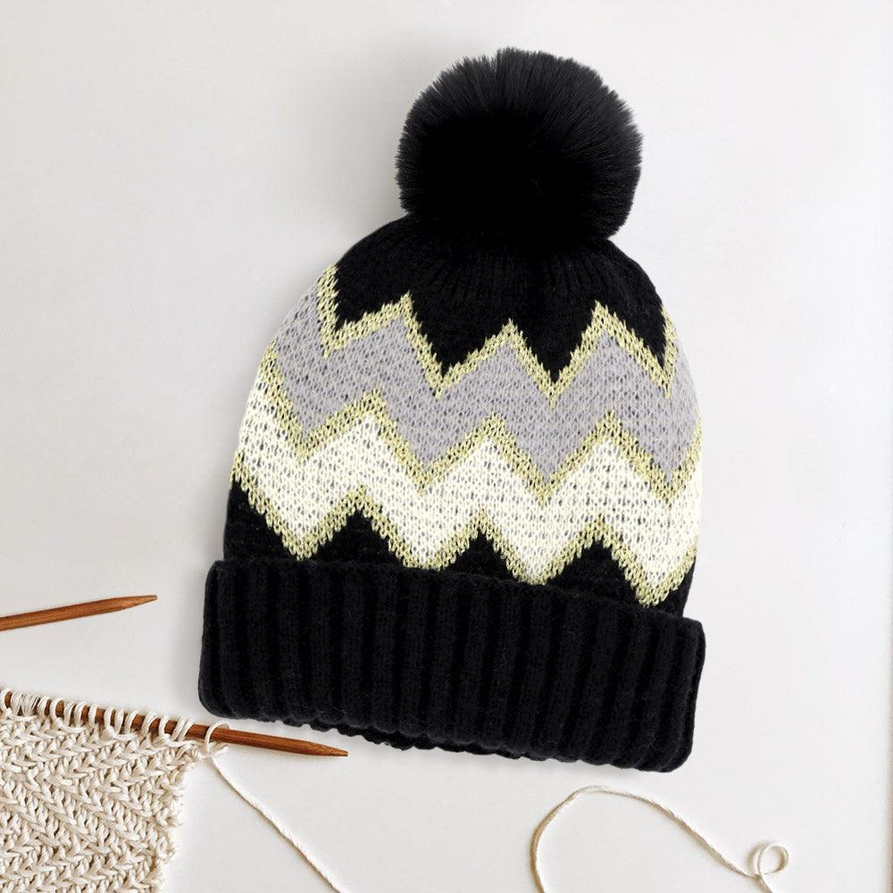 Zigzag Chevron Patterned Fuzzy Fleece Pom Pom Beanie Hat - Jewelry Store by Erik Rayo