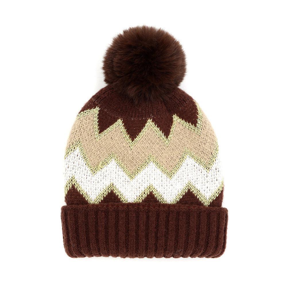 Zigzag Chevron Patterned Fuzzy Fleece Pom Pom Beanie Hat - Jewelry Store by Erik Rayo