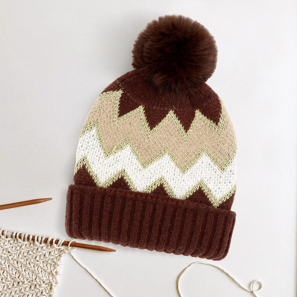Zigzag Chevron Patterned Fuzzy Fleece Pom Pom Beanie Hat - Jewelry Store by Erik Rayo