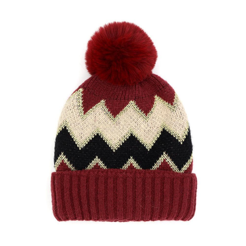 Zigzag Chevron Patterned Fuzzy Fleece Pom Pom Beanie Hat - Jewelry Store by Erik Rayo