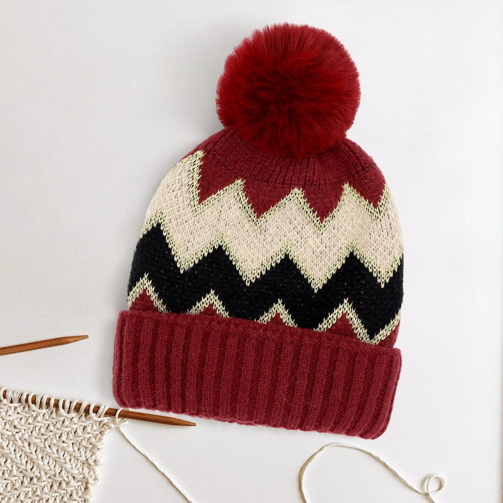 Zigzag Chevron Patterned Fuzzy Fleece Pom Pom Beanie Hat - Jewelry Store by Erik Rayo