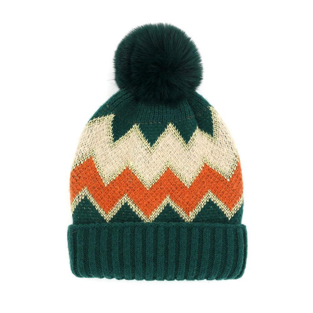 Zigzag Chevron Patterned Fuzzy Fleece Pom Pom Beanie Hat - Jewelry Store by Erik Rayo