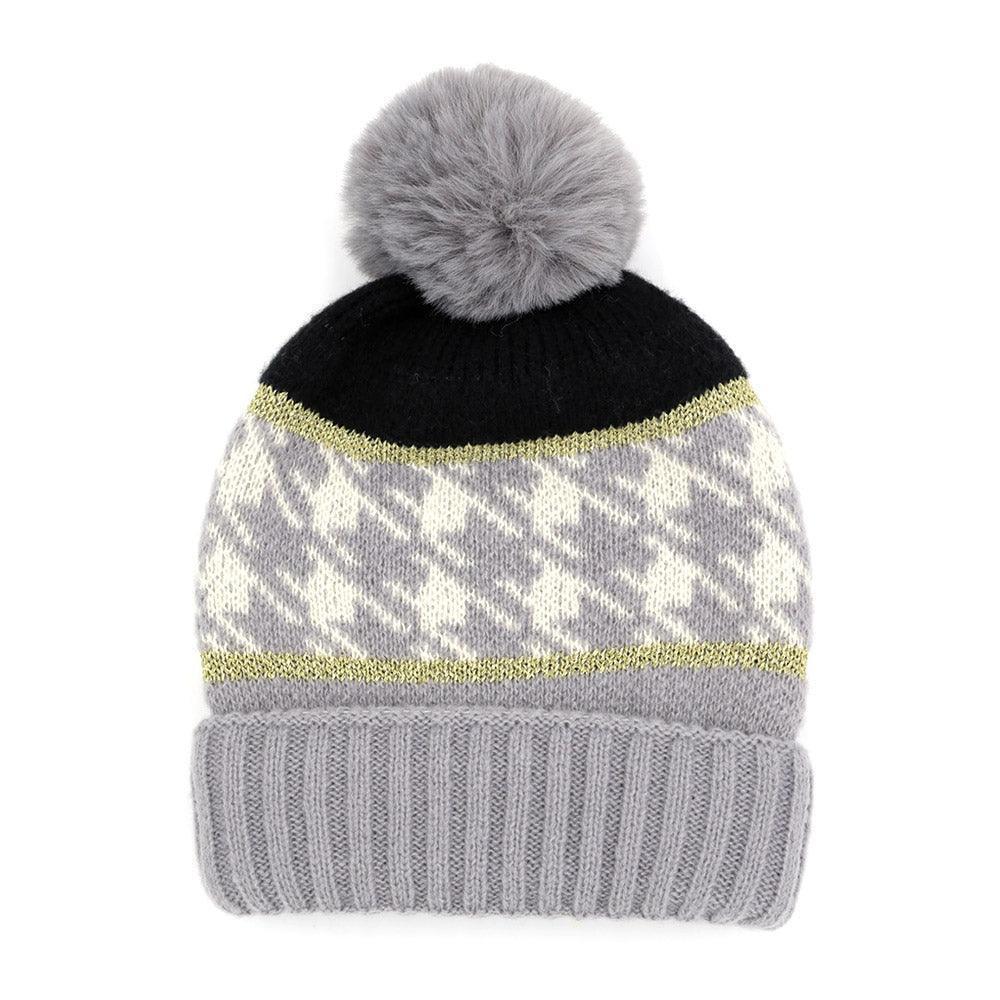 Houndstooth Patterned Pom Pom Beanie Hat - Jewelry Store by Erik Rayo