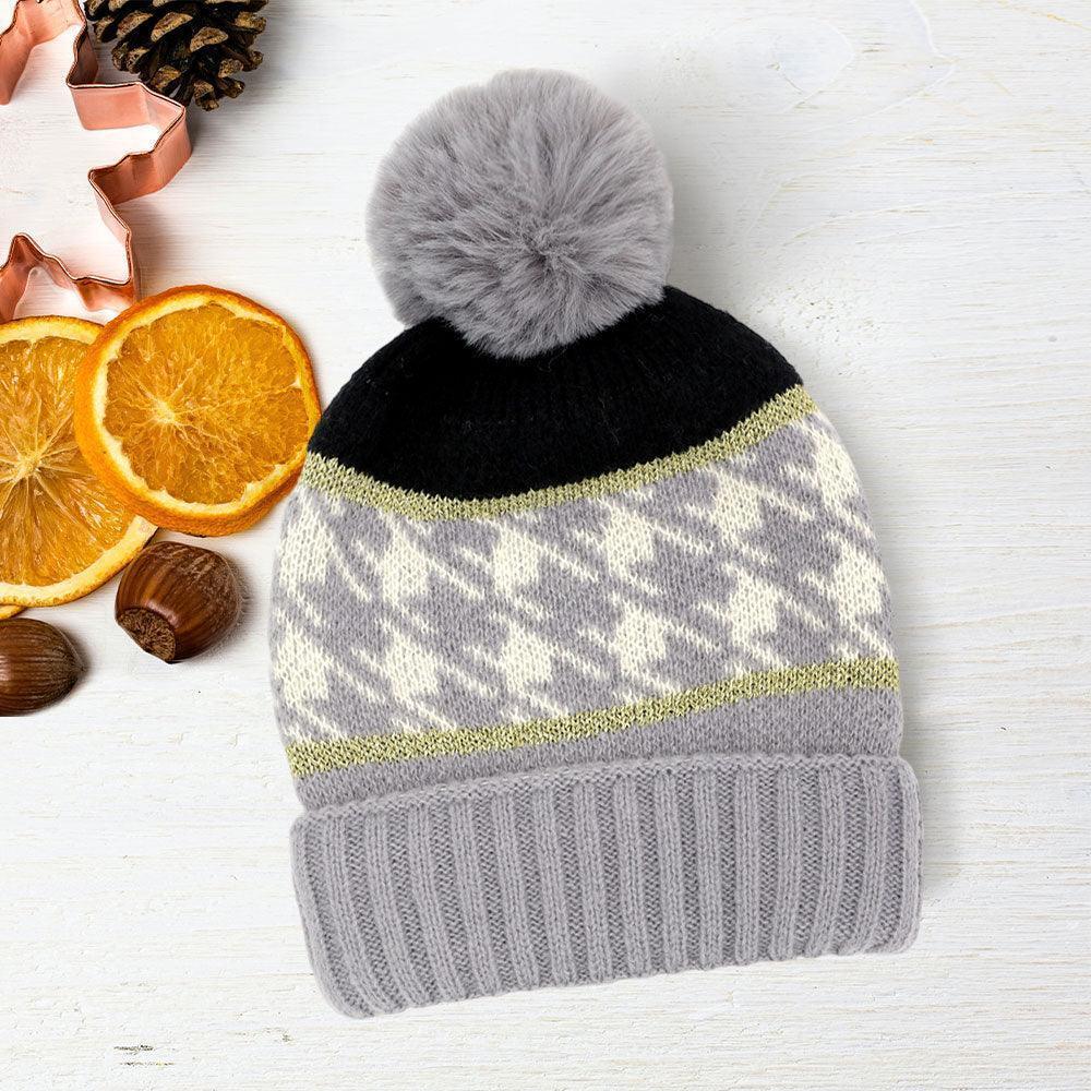 Houndstooth Patterned Pom Pom Beanie Hat - Jewelry Store by Erik Rayo