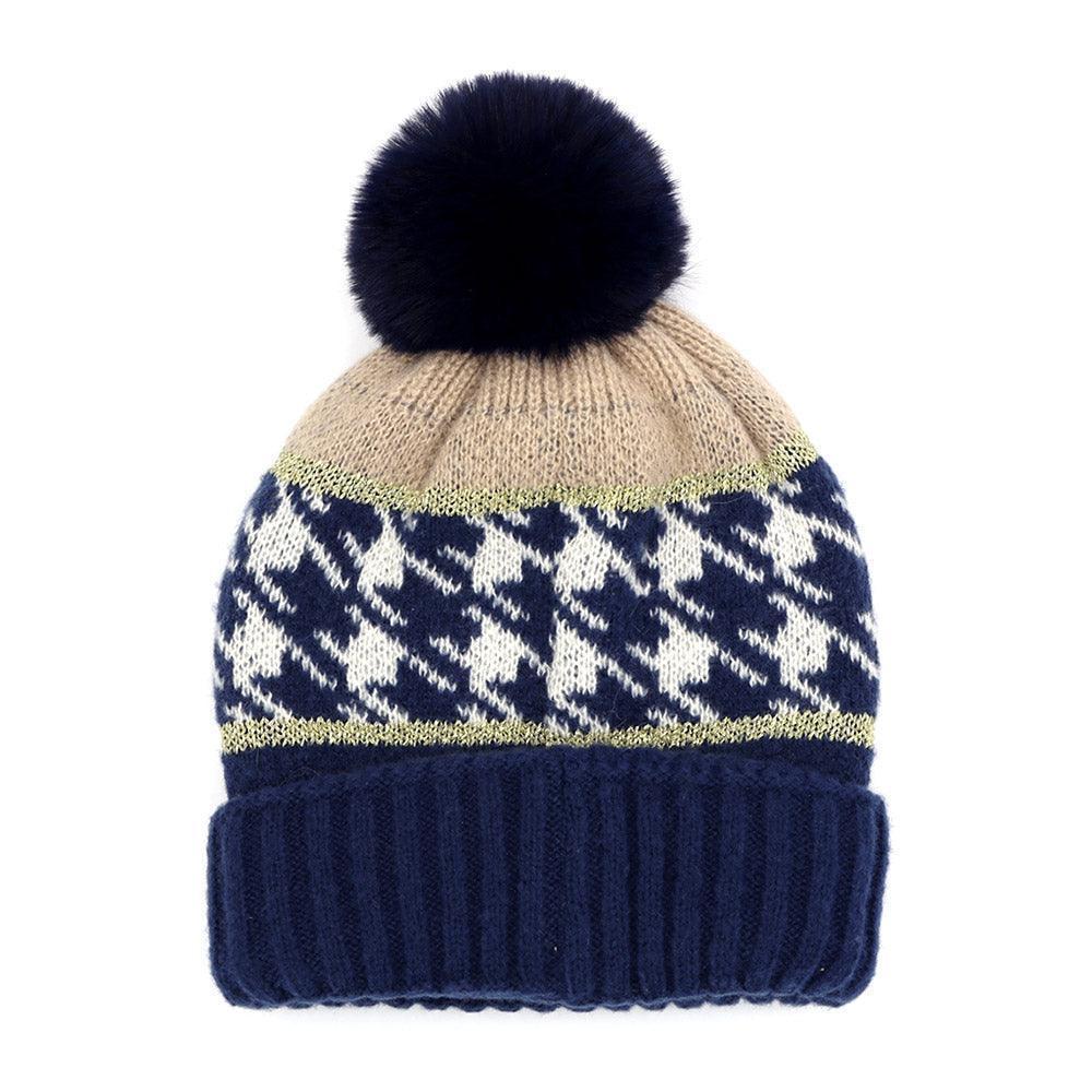 Houndstooth Patterned Pom Pom Beanie Hat - Jewelry Store by Erik Rayo