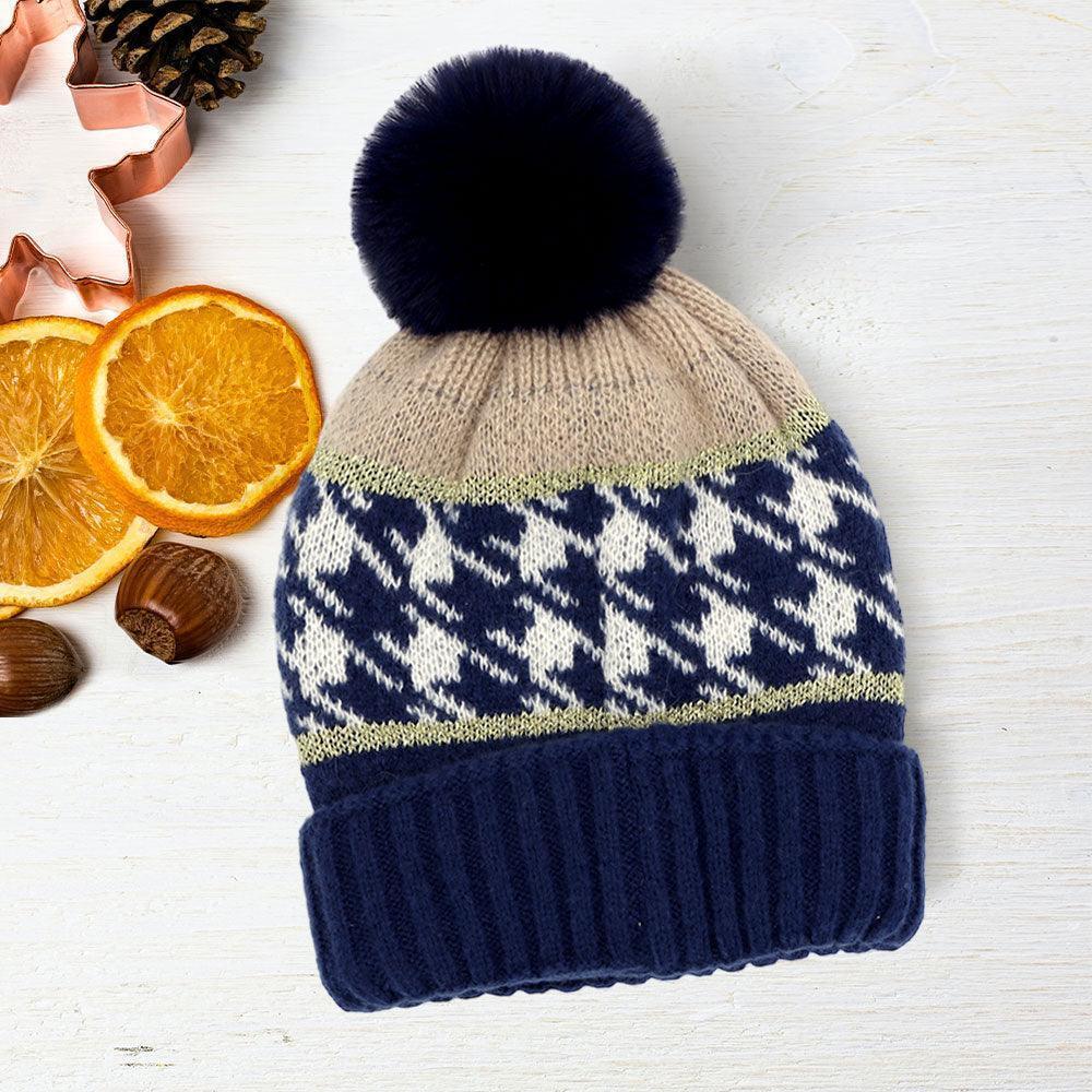 Houndstooth Patterned Pom Pom Beanie Hat - Jewelry Store by Erik Rayo