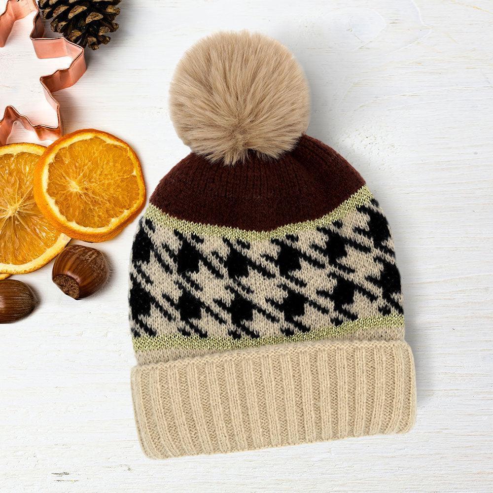 Houndstooth Patterned Pom Pom Beanie Hat - Jewelry Store by Erik Rayo