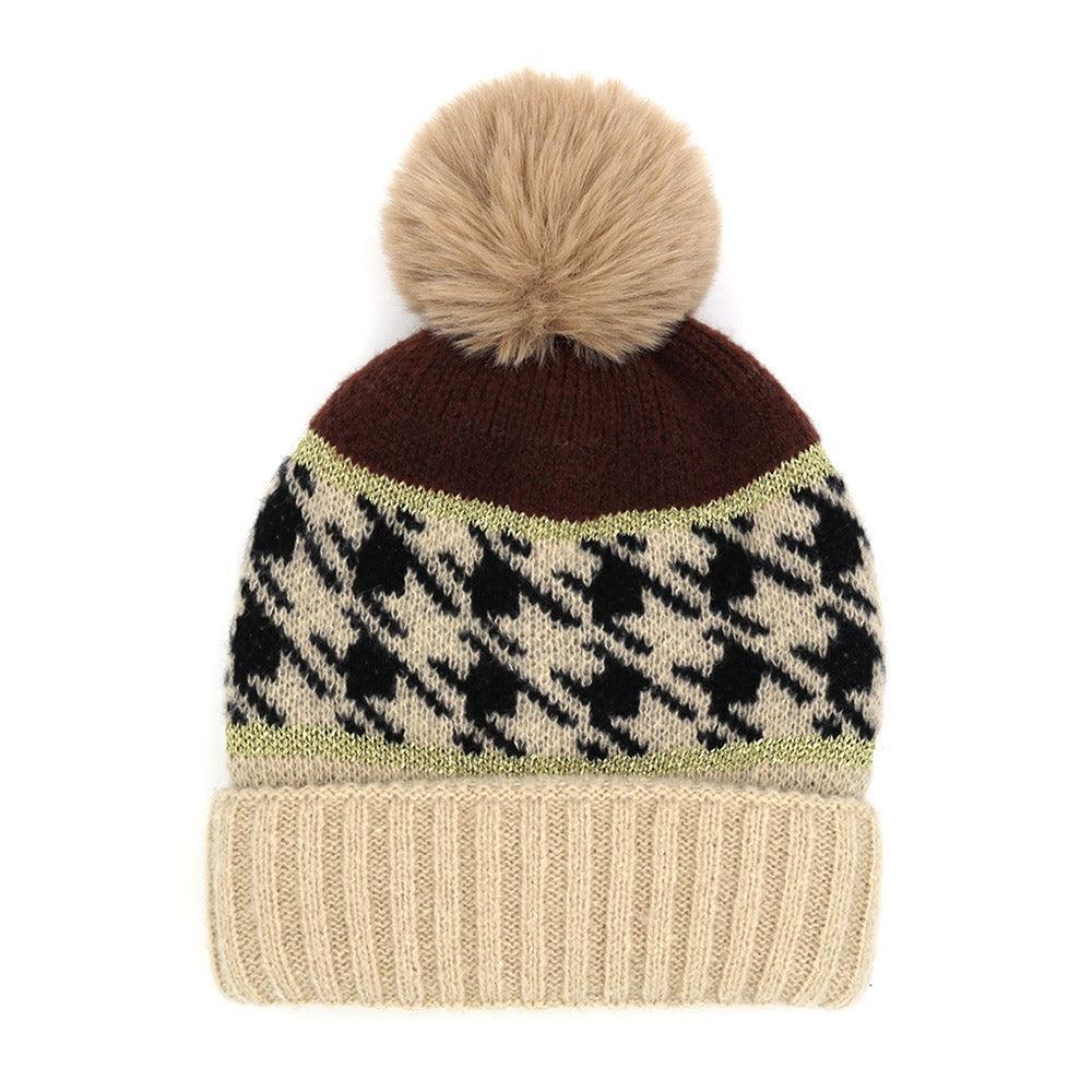 Houndstooth Patterned Pom Pom Beanie Hat - Jewelry Store by Erik Rayo