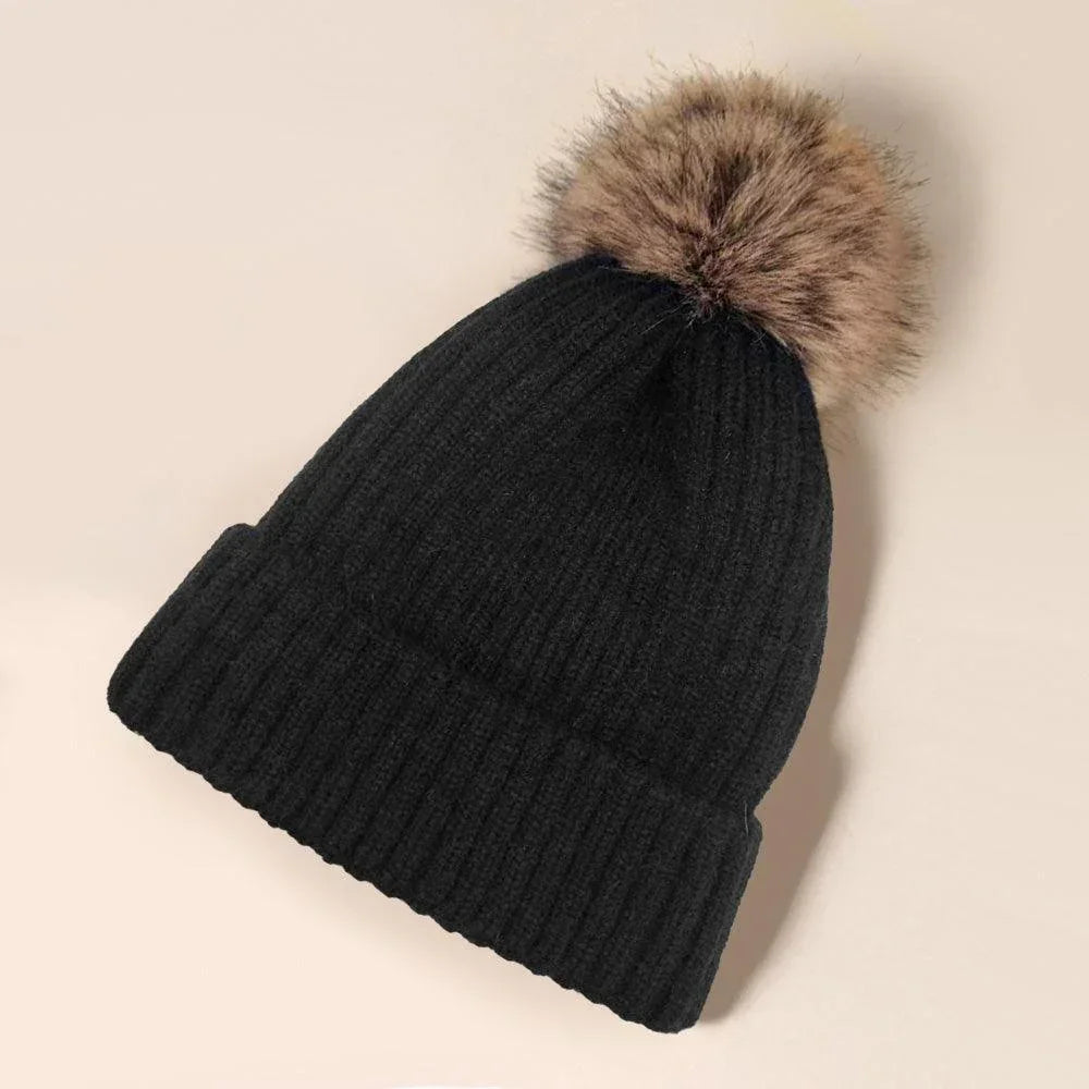 Solid Knit Faux Fur Pom Pom Beanie Hat - Jewelry Store by Erik Rayo