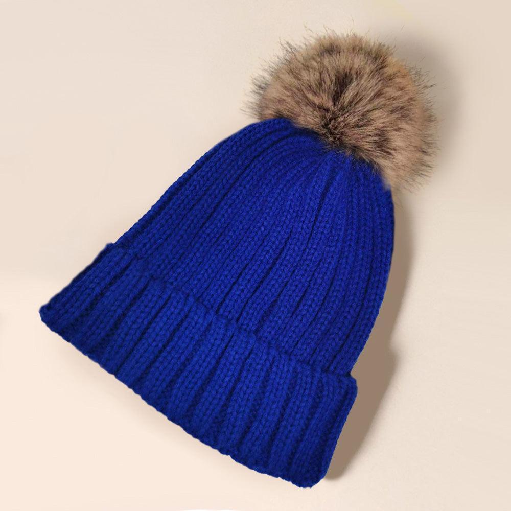 Solid Knit Faux Fur Pom Pom Beanie Hat - Jewelry Store by Erik Rayo
