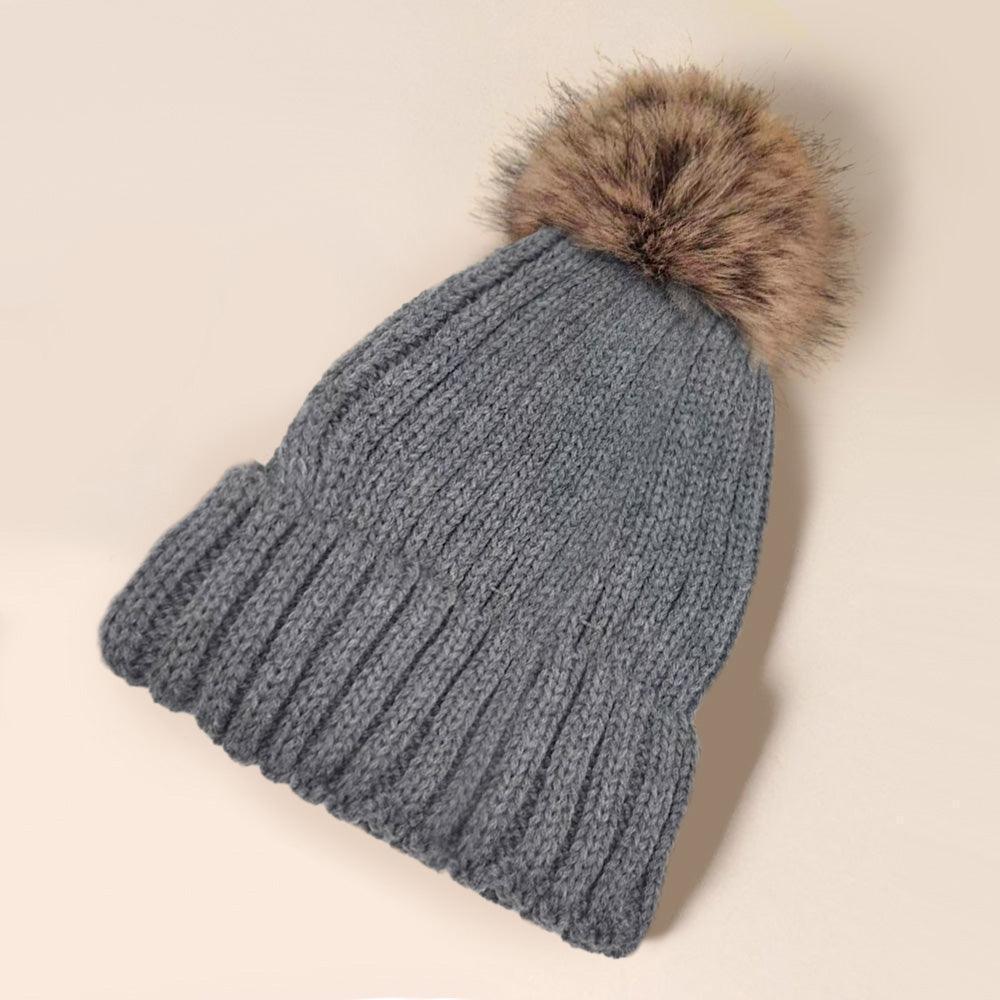 Solid Knit Faux Fur Pom Pom Beanie Hat - Jewelry Store by Erik Rayo