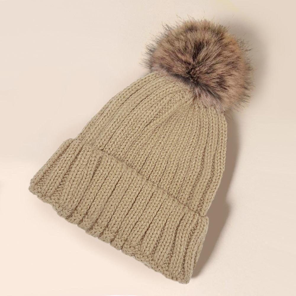Solid Knit Faux Fur Pom Pom Beanie Hat - Jewelry Store by Erik Rayo