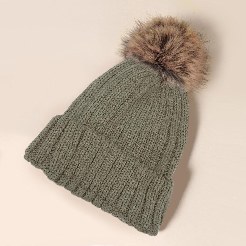 Solid Knit Faux Fur Pom Pom Beanie Hat - Jewelry Store by Erik Rayo