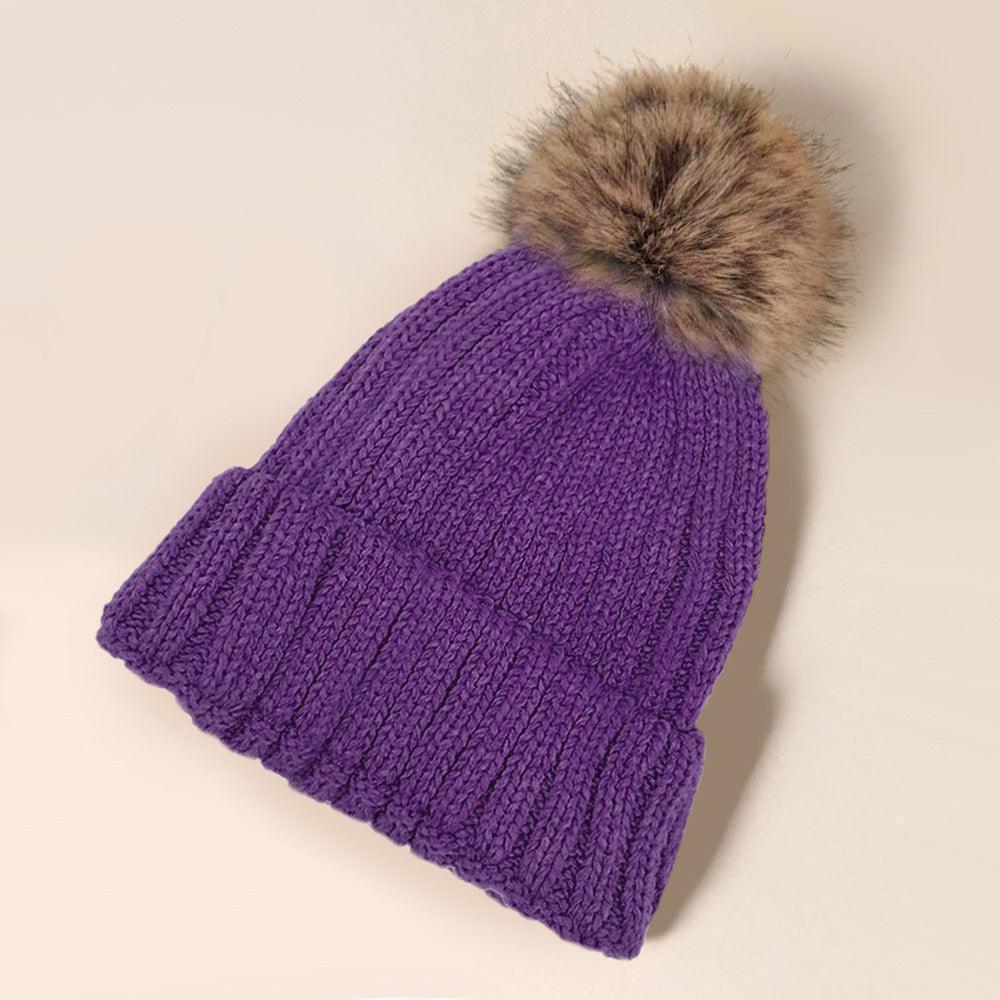 Solid Knit Faux Fur Pom Pom Beanie Hat - Jewelry Store by Erik Rayo