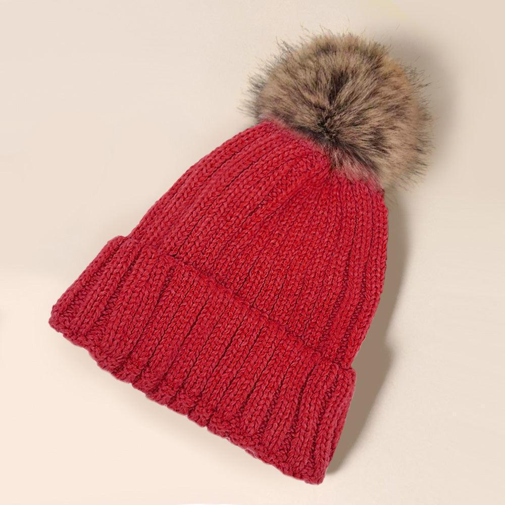 Solid Knit Faux Fur Pom Pom Beanie Hat - Jewelry Store by Erik Rayo