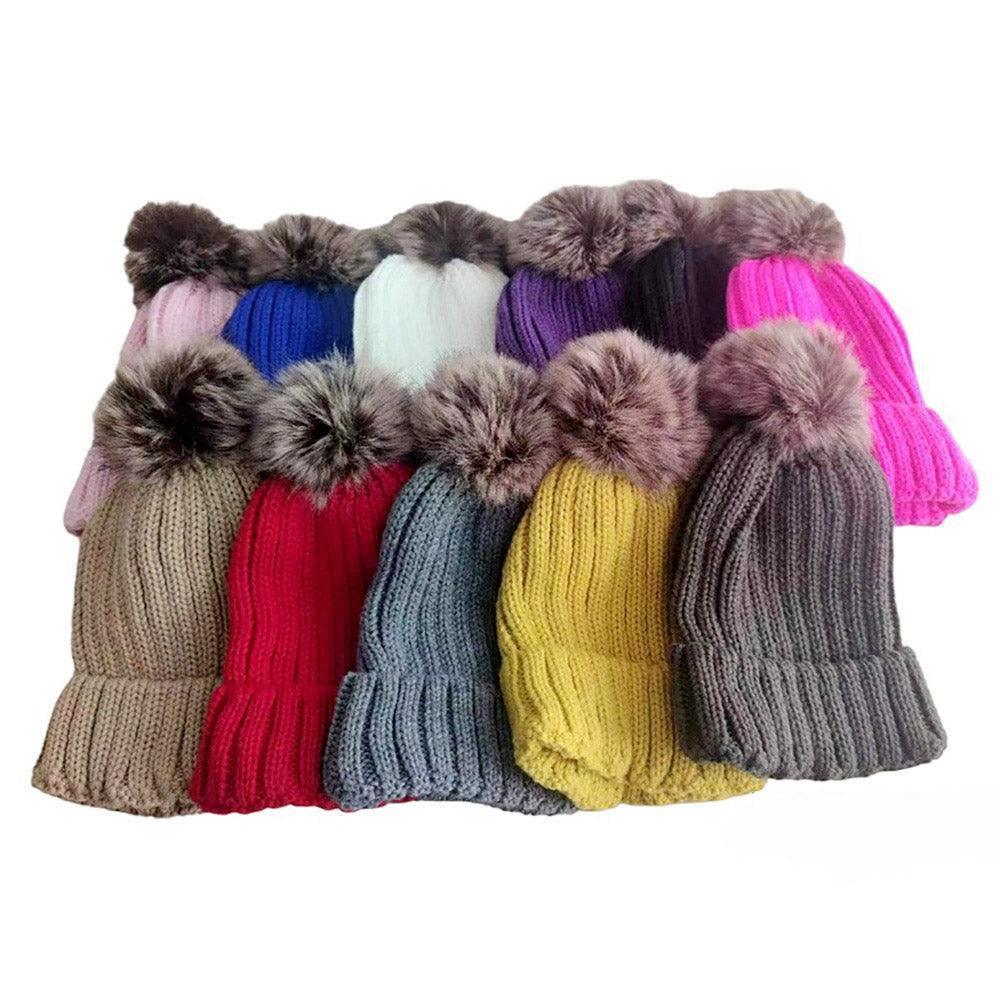 Solid Knit Faux Fur Pom Pom Beanie Hat - Jewelry Store by Erik Rayo