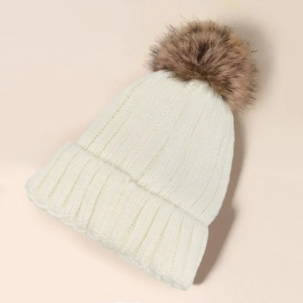 Solid Knit Faux Fur Pom Pom Beanie Hat - Jewelry Store by Erik Rayo