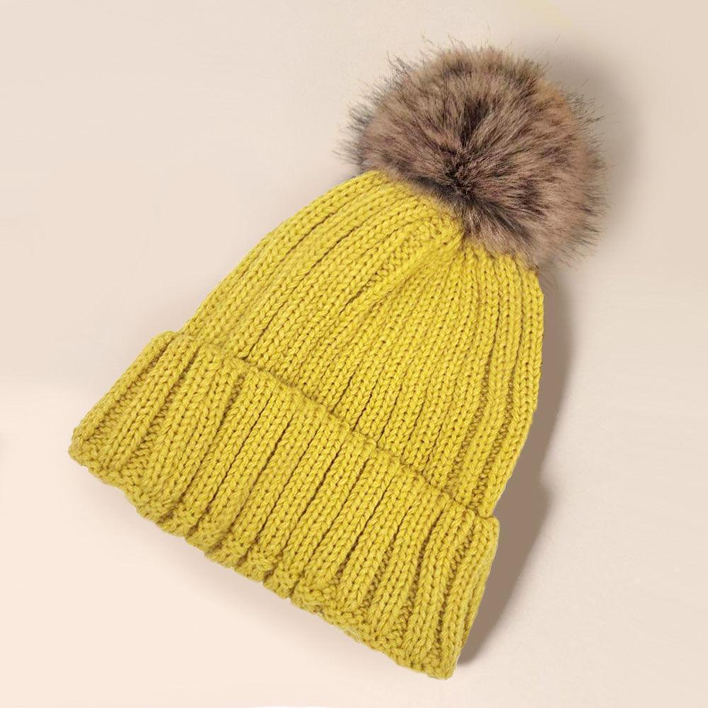 Solid Knit Faux Fur Pom Pom Beanie Hat - Jewelry Store by Erik Rayo