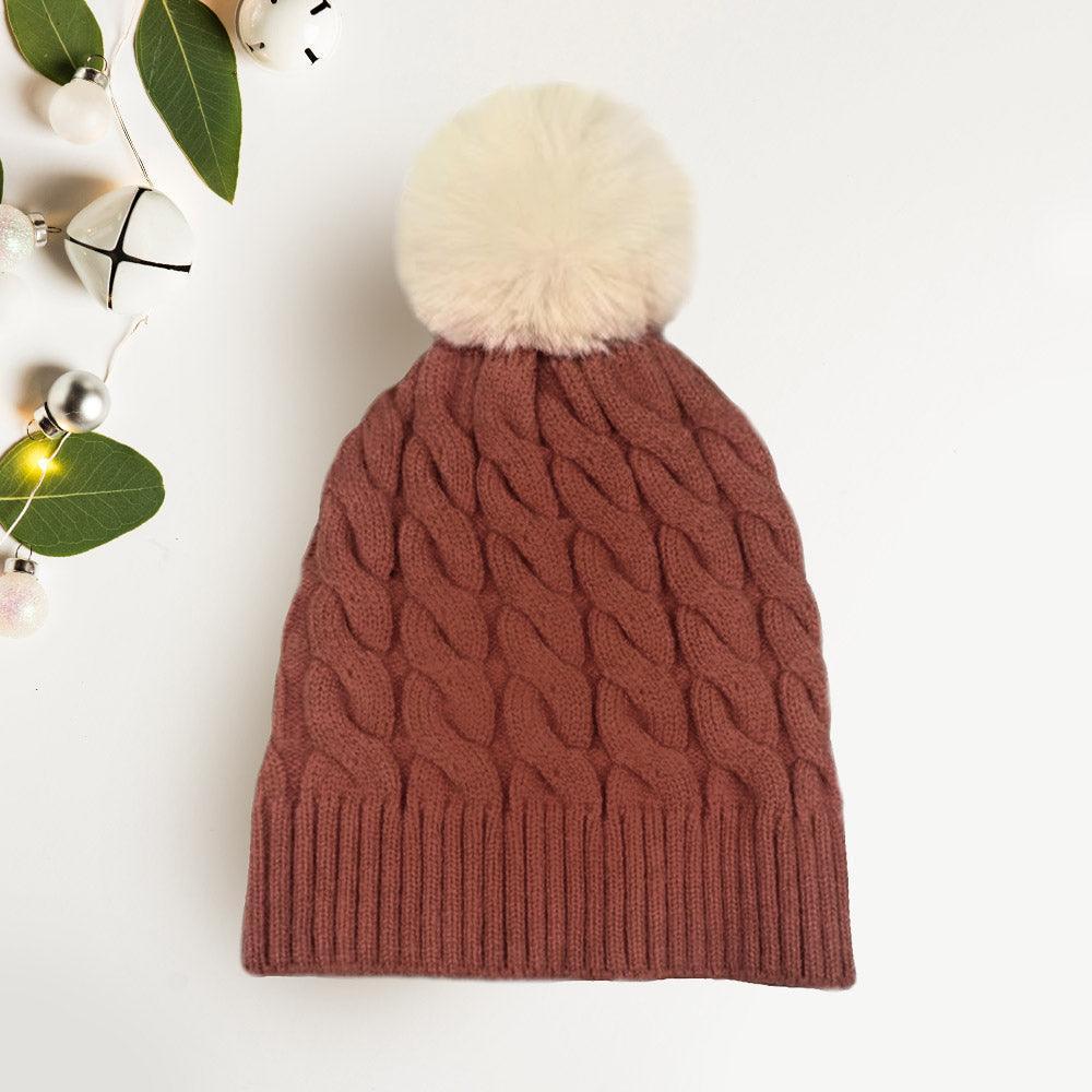 Cable Knit Faux Fur Pom Pom Beanie Hat - Jewelry Store by Erik Rayo