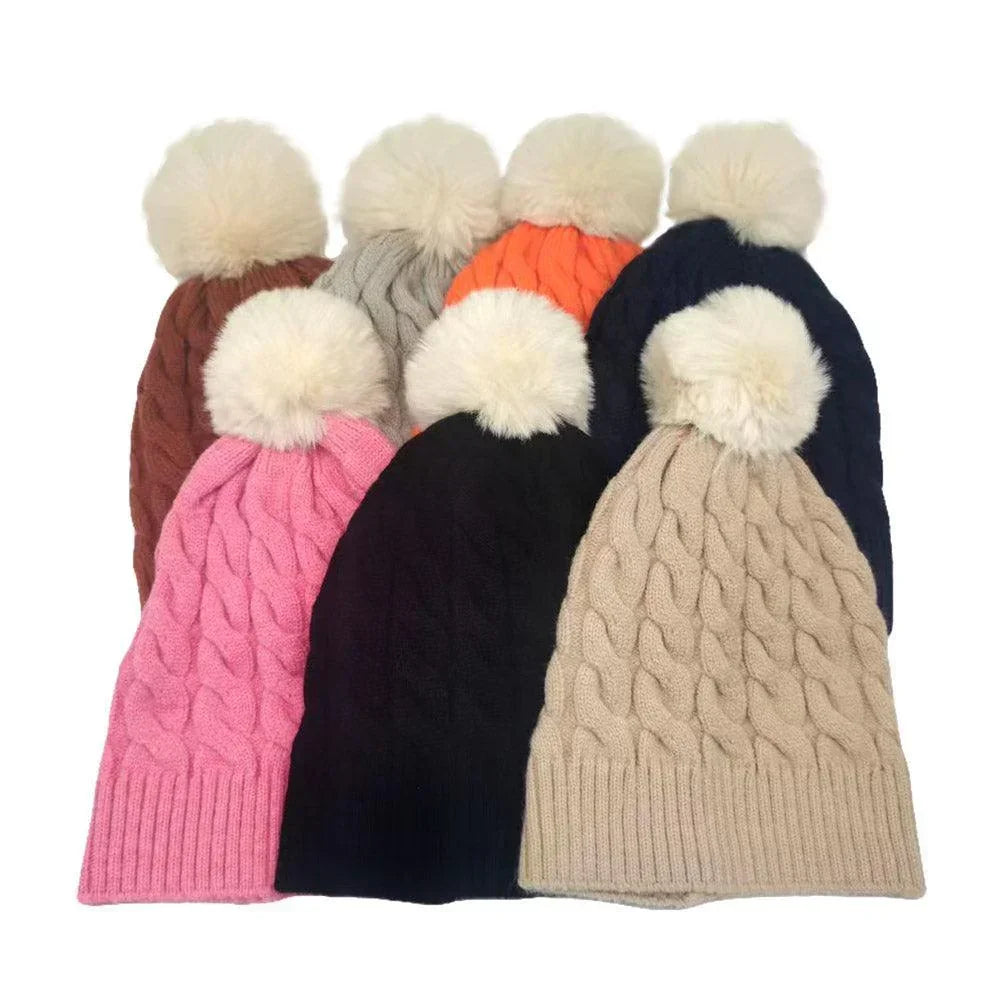 Cable Knit Faux Fur Pom Pom Beanie Hat - Jewelry Store by Erik Rayo