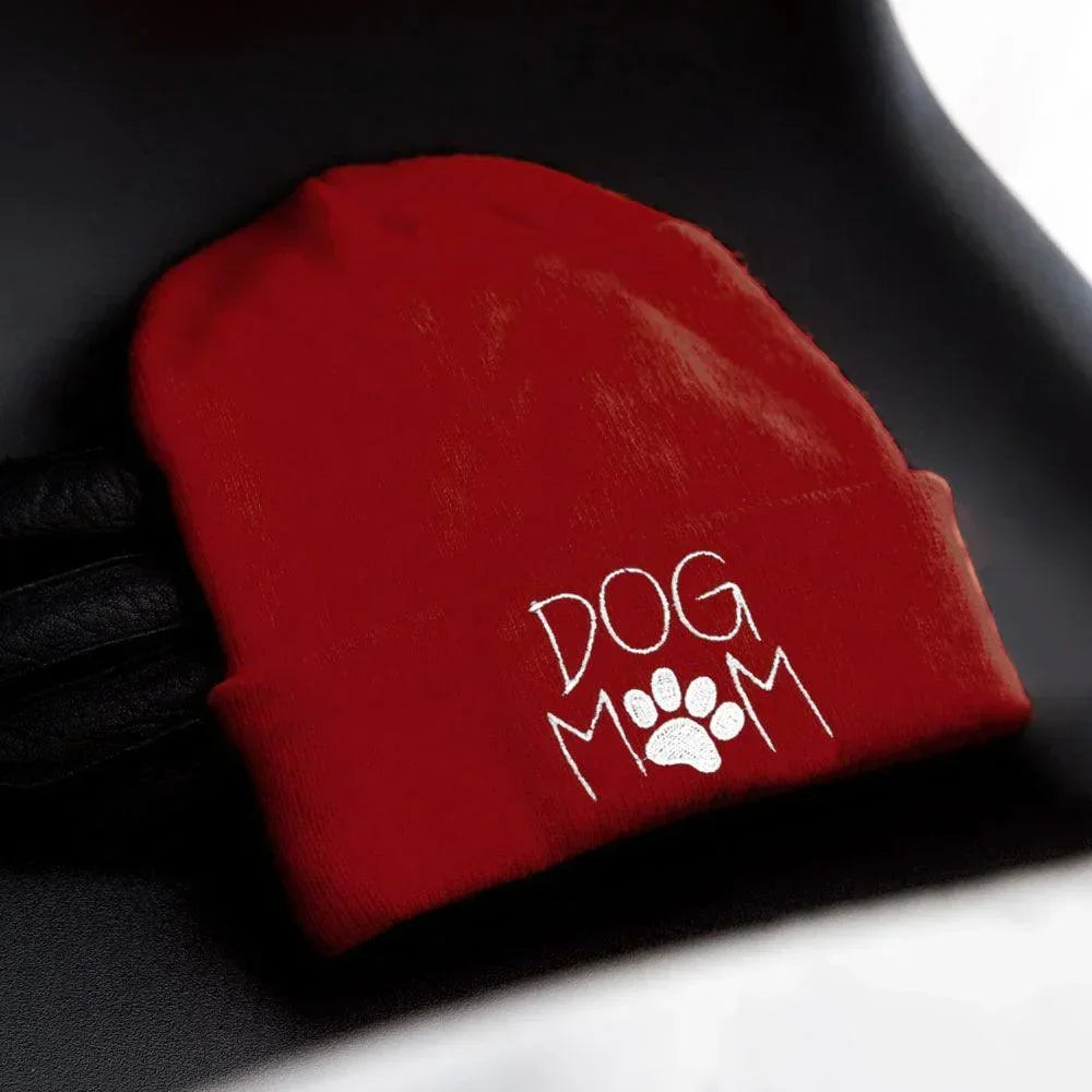 Dog Mom Message Paw Pointed Solid Knit Beanie Hat - Jewelry Store by Erik Rayo