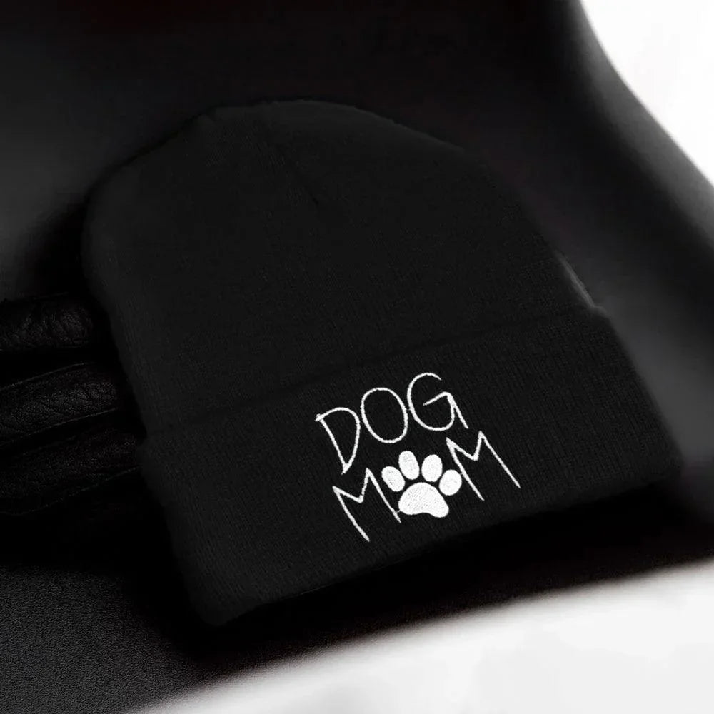 Dog Mom Message Paw Pointed Solid Knit Beanie Hat - Jewelry Store by Erik Rayo