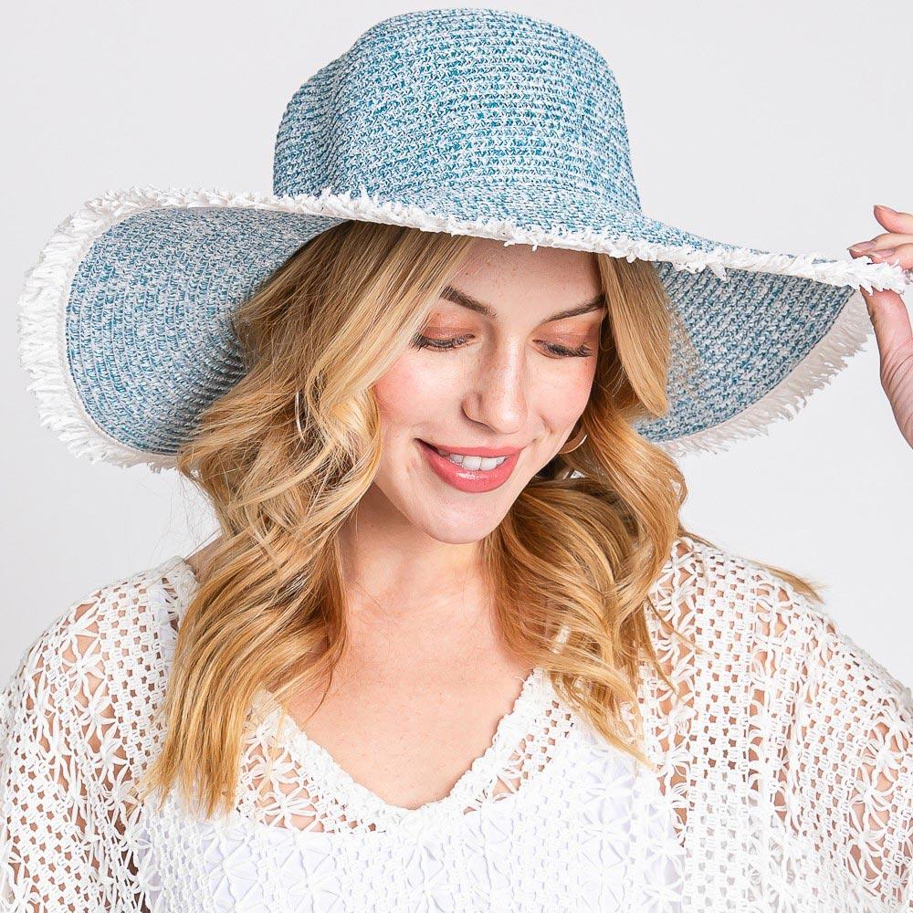 Frayed Two Tone Mixed Color Straw Floppy Hat