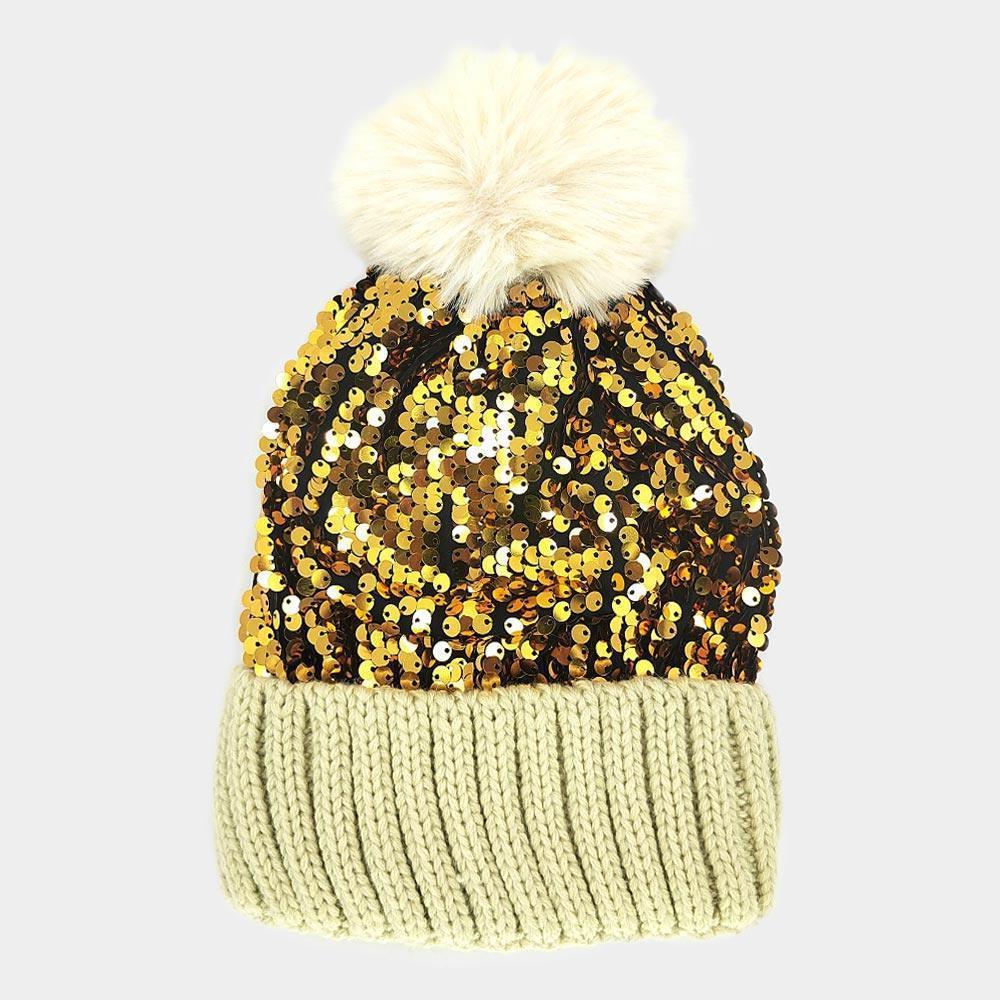 Sequin Pom Pom Knit Beanie Hat - Jewelry Store by Erik Rayo