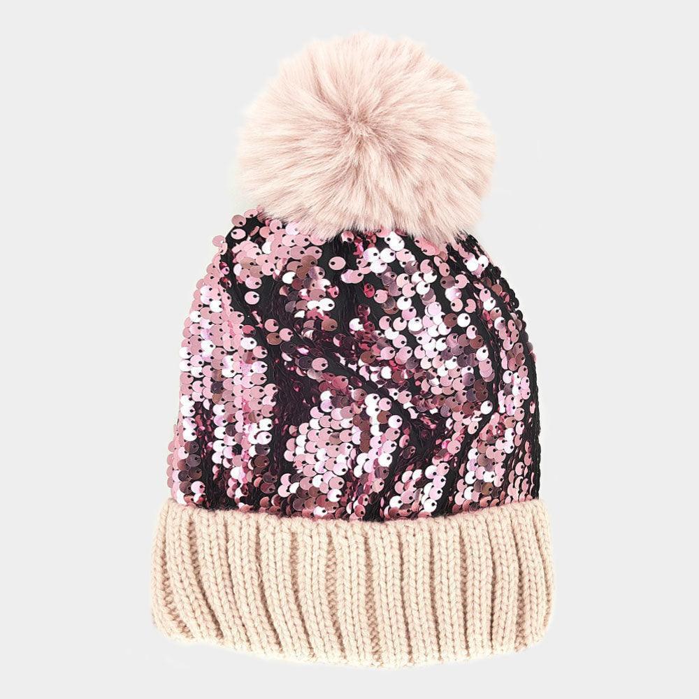 Sequin Pom Pom Knit Beanie Hat - Jewelry Store by Erik Rayo