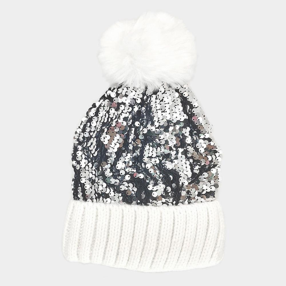 Sequin Pom Pom Knit Beanie Hat - Jewelry Store by Erik Rayo