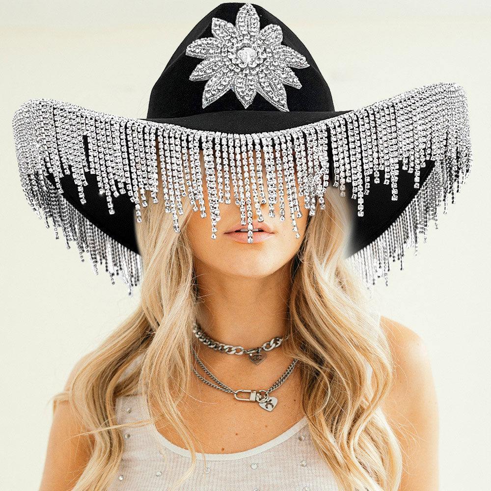 Rhinestone Fringe Flower Party Panama Cowboy Hat - Jewelry Store by Erik Rayo