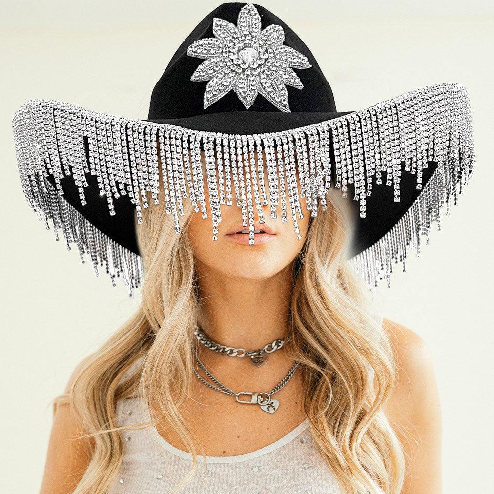 Rhinestone Fringe Flower Party Panama Cowboy Hat