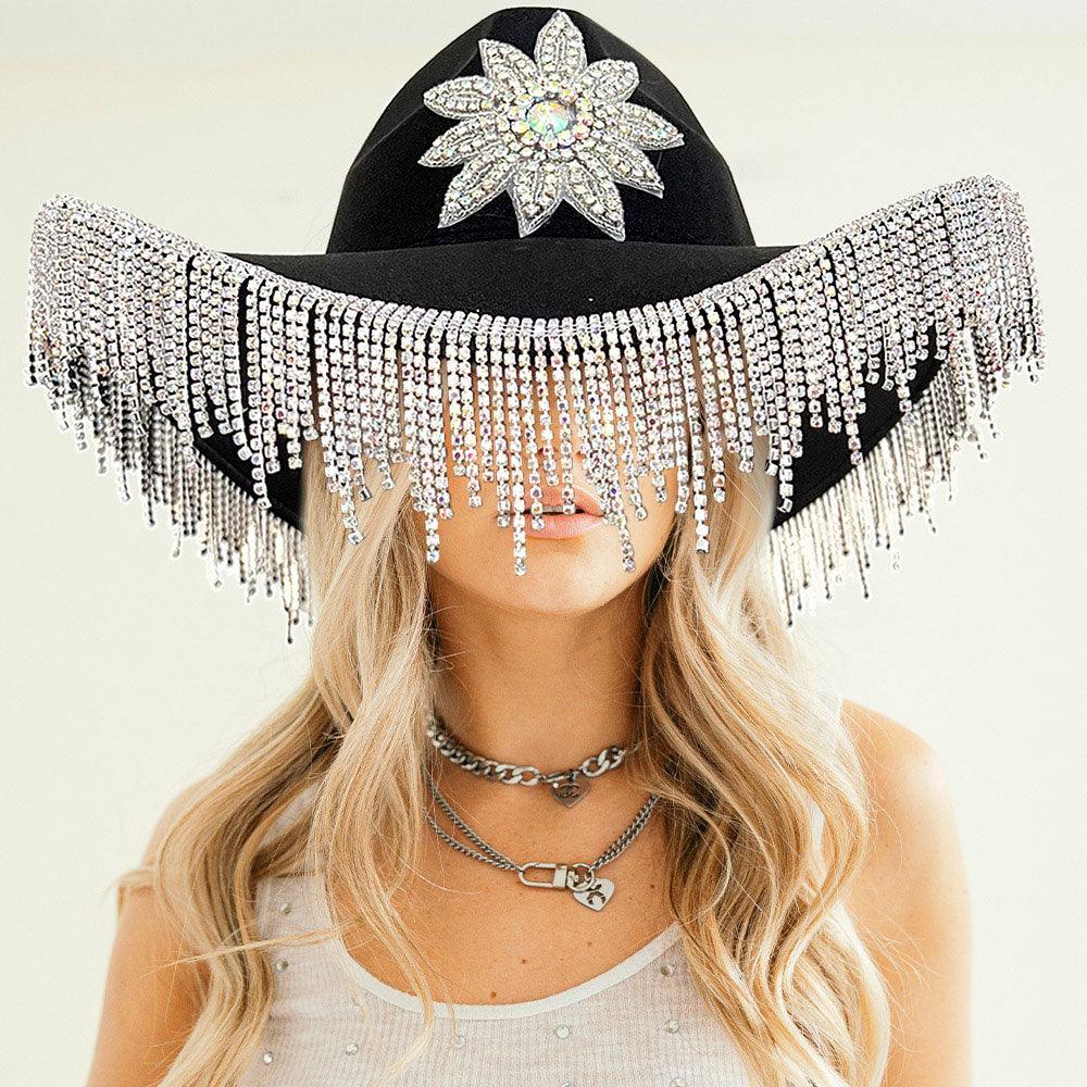 Rhinestone Fringe Flower Party Panama Cowboy Hat