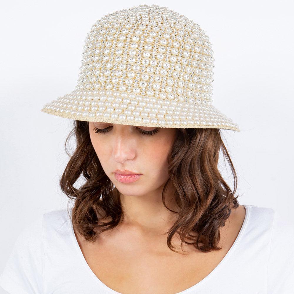 Pearl Rhinestone Embellished Straw Bucket Hat - Jewelry Store by Erik Rayo