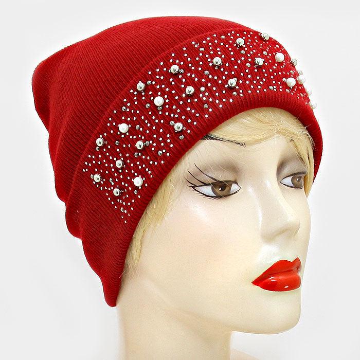 Pearl Crystal Metal Ball Cluster Beanie Hat