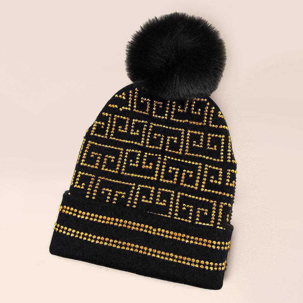 Bling Greek Pattern Pom Pom Beanie Hat - Jewelry Store by Erik Rayo