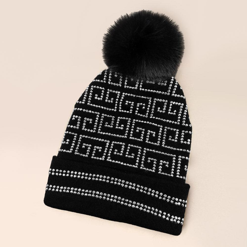 Bling Greek Pattern Pom Pom Beanie Hat - Jewelry Store by Erik Rayo