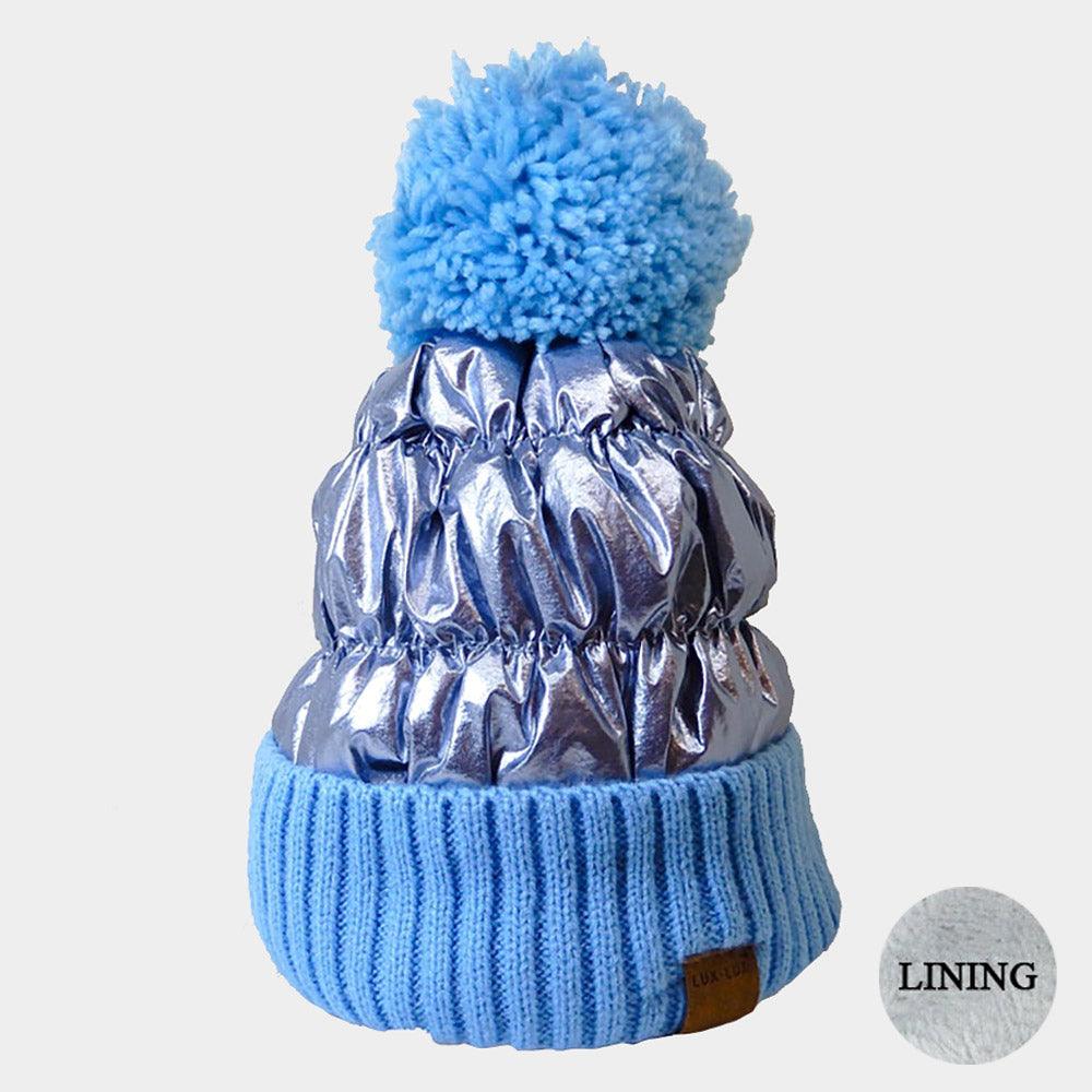 Fleece Lining  Puffer Knit Pom Pom Beanie Hat