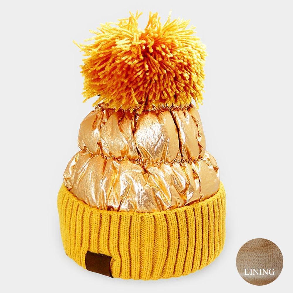 Fleece Lining Puffer Knit Pom Pom Beanie Hat - Jewelry Store by Erik Rayo
