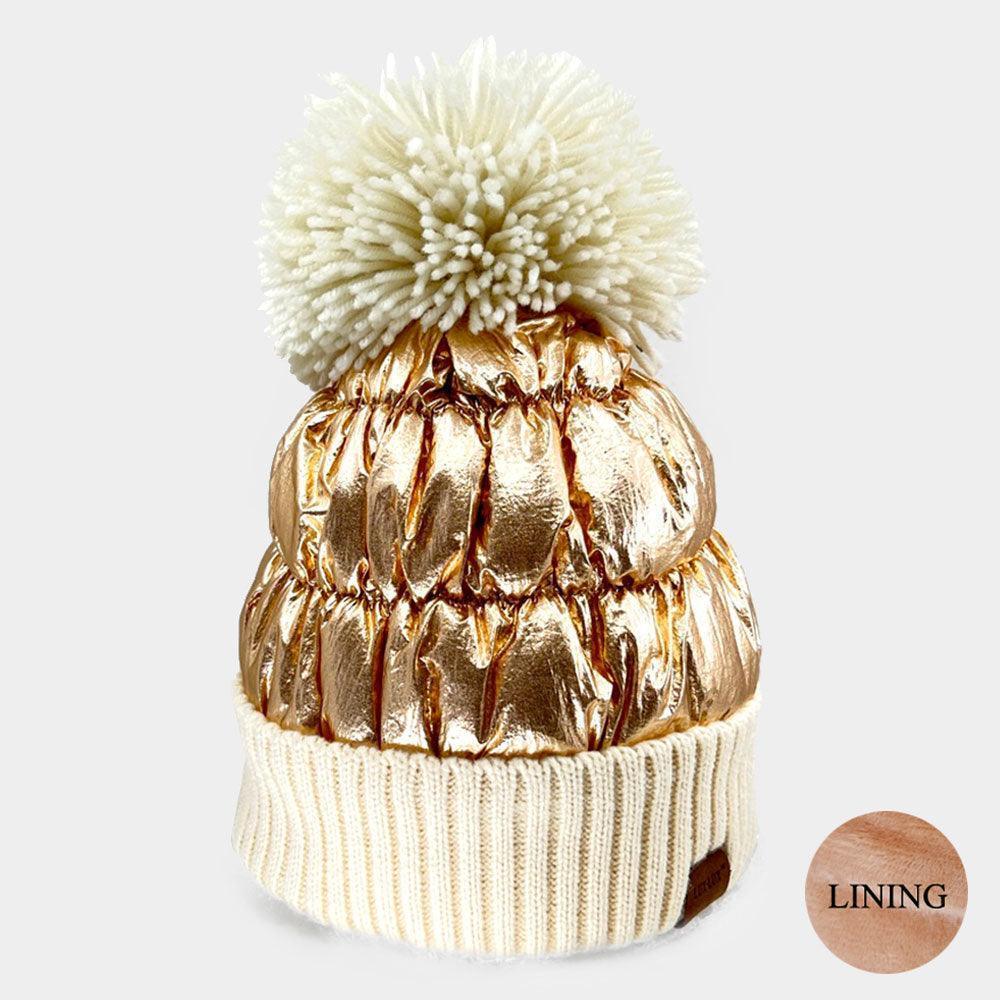 Fleece Lining Puffer Knit Pom Pom Beanie Hat - Jewelry Store by Erik Rayo