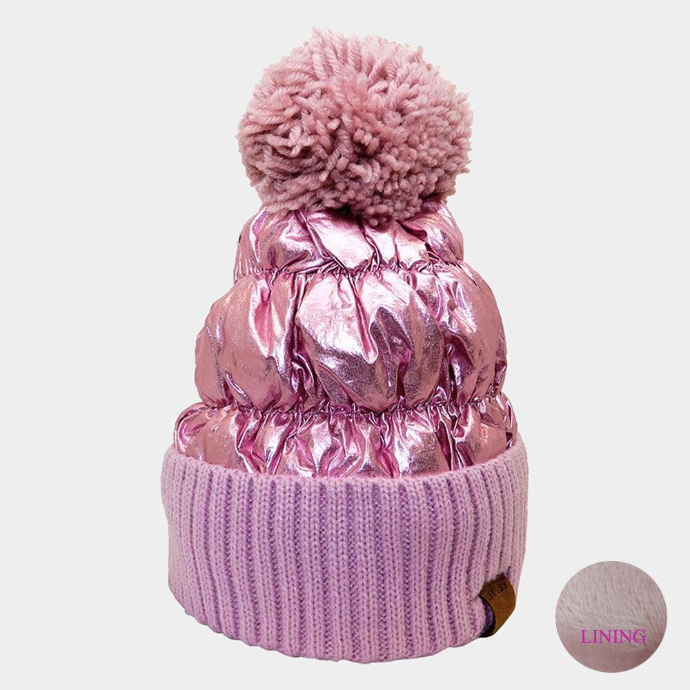 Fleece Lining Puffer Knit Pom Pom Beanie Hat - Jewelry Store by Erik Rayo