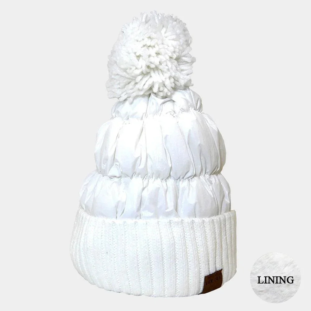 Fleece Lining Puffer Knit Pom Pom Beanie Hat - Jewelry Store by Erik Rayo