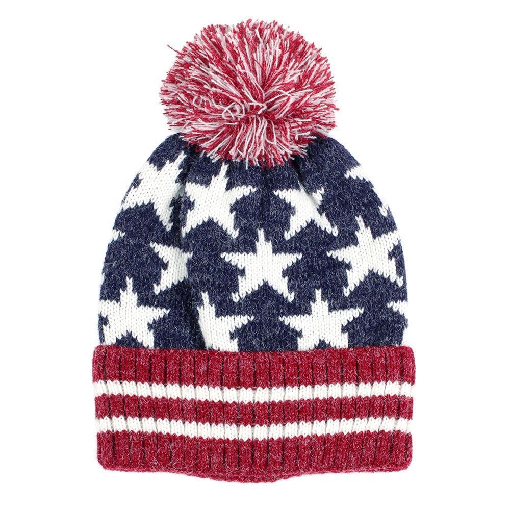 Pom Pom American USA Flag Knit Beanie Hat - Jewelry Store by Erik Rayo
