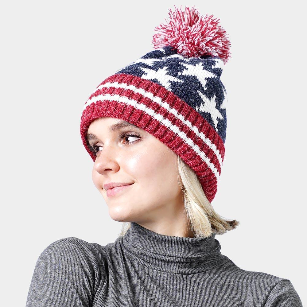 Pom Pom American USA Flag Knit Beanie Hat - Jewelry Store by Erik Rayo