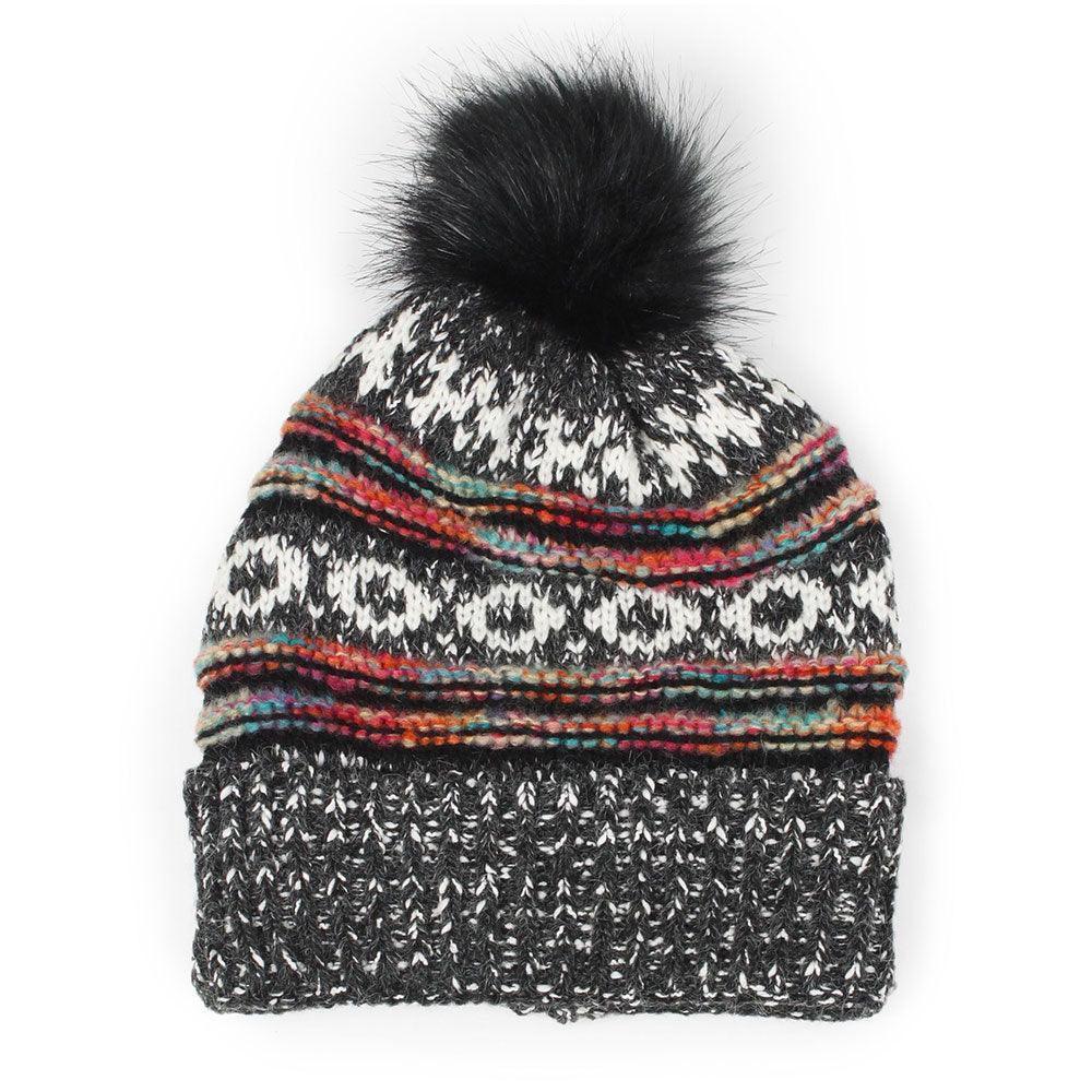 Ethnic Patterned Knit Pom Pom Beanie Hat - Jewelry Store by Erik Rayo