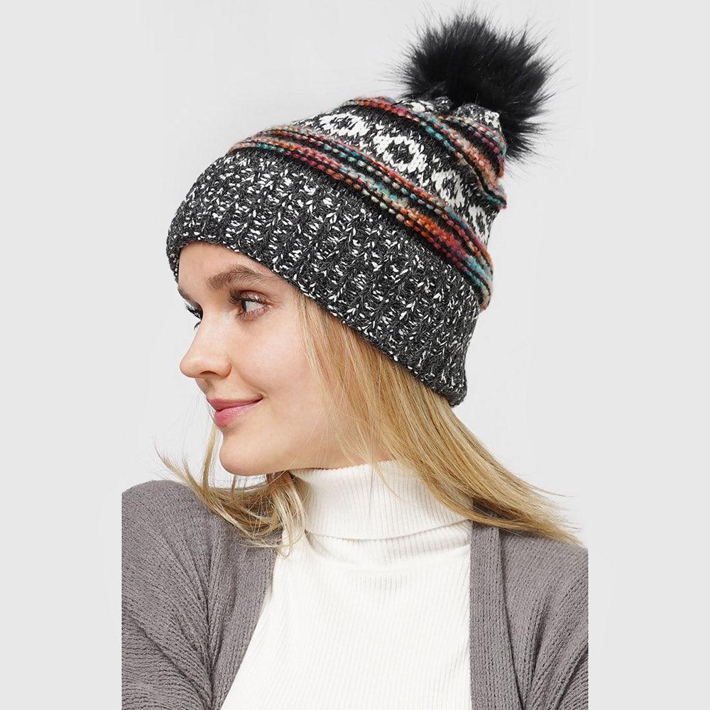 Ethnic Patterned Knit Pom Pom Beanie Hat - Jewelry Store by Erik Rayo