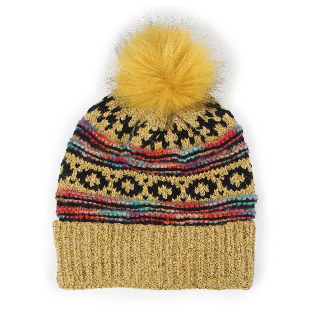 Ethnic Patterned Knit Pom Pom Beanie Hat - Jewelry Store by Erik Rayo