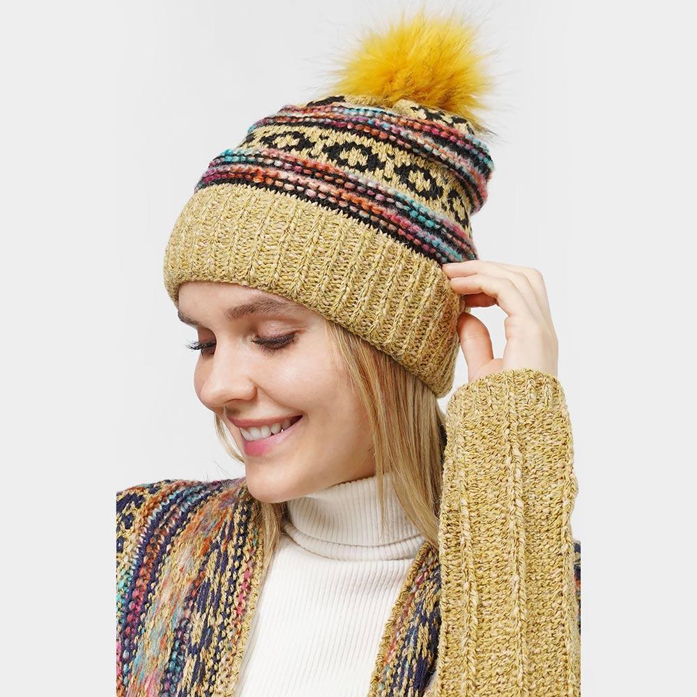 Ethnic Patterned Knit Pom Pom Beanie Hat - Jewelry Store by Erik Rayo