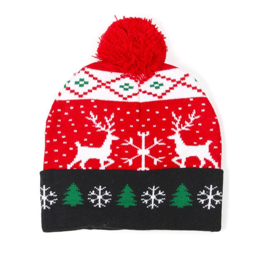 Deer Snowflake Christmas Tree Pom Pom Beanie Hat - Jewelry Store by Erik Rayo
