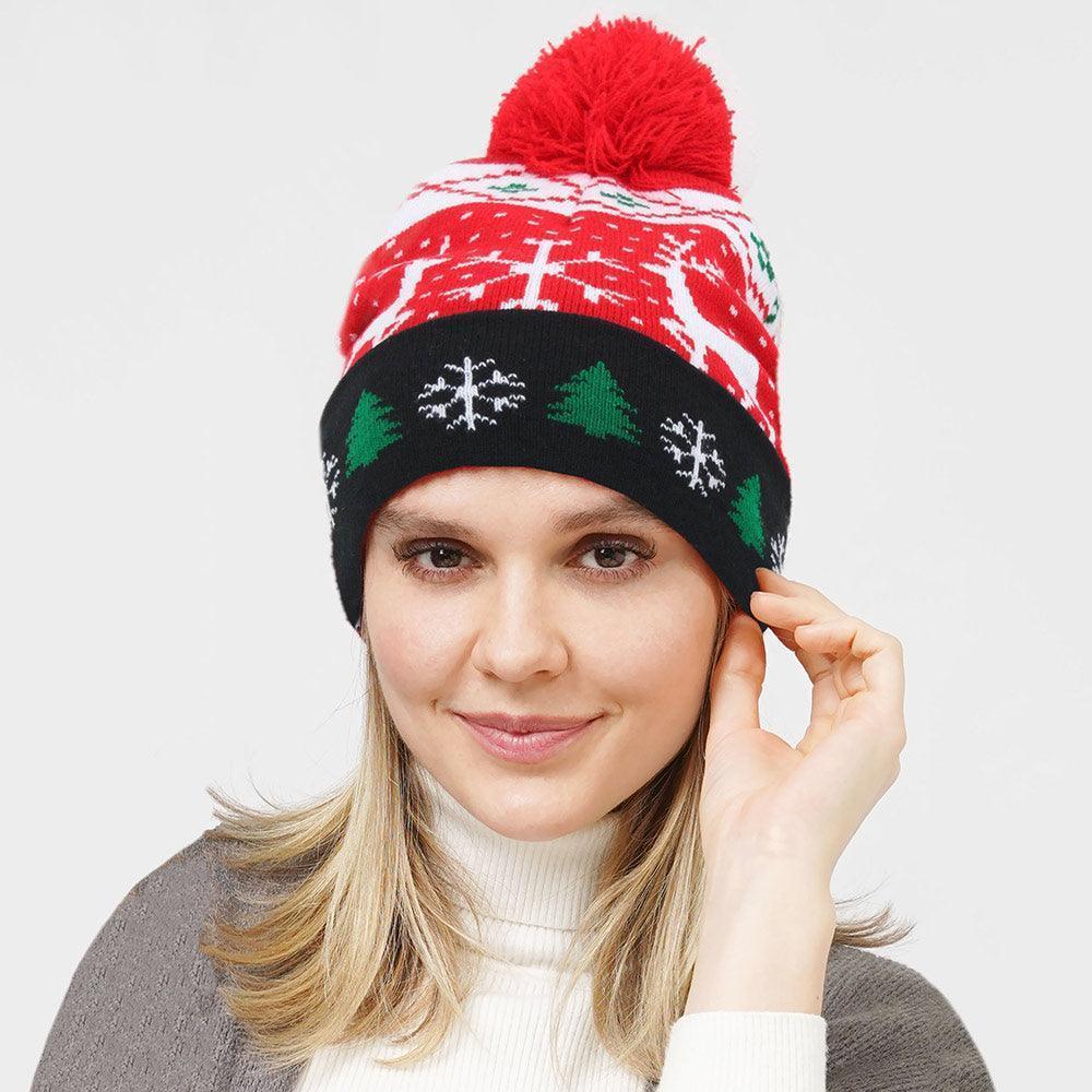 Deer Snowflake Christmas Tree Pom Pom Beanie Hat - Jewelry Store by Erik Rayo